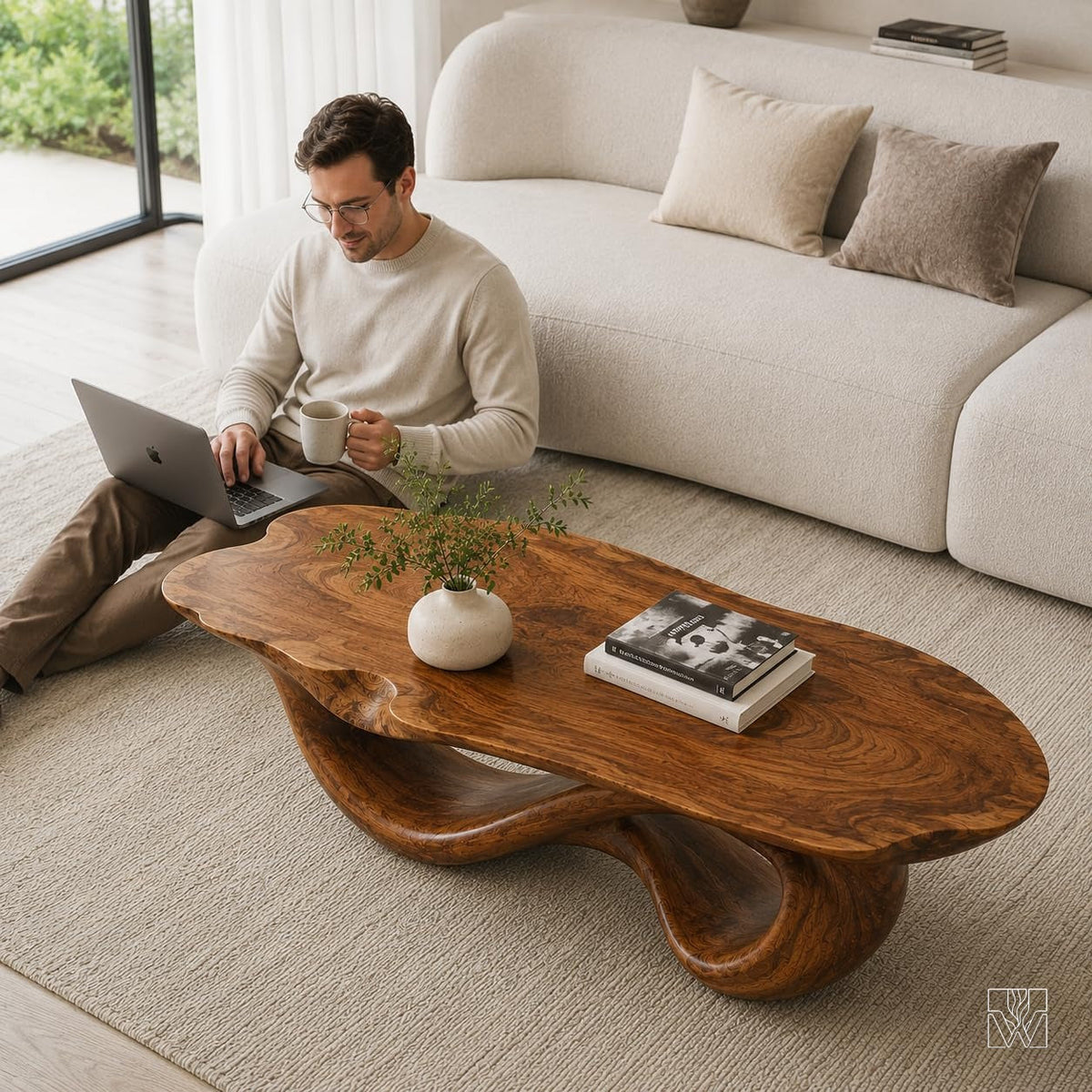 WAZARO Handcrafted Oak Wood Coffee Table - Sculptural Wave Design