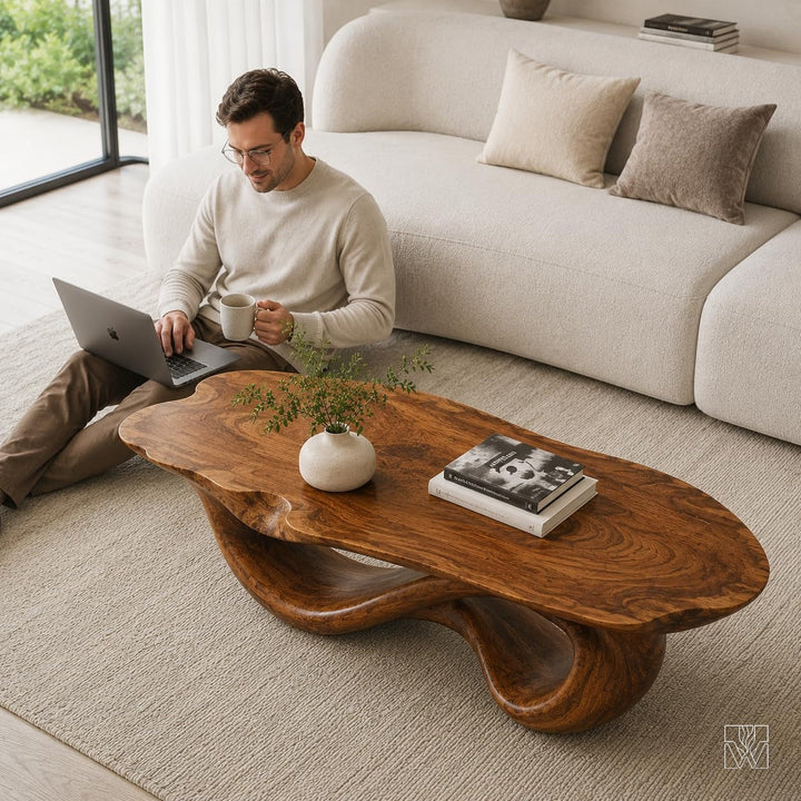 WAZARO Handcrafted Oak Wood Coffee Table - Sculptural Wave Design