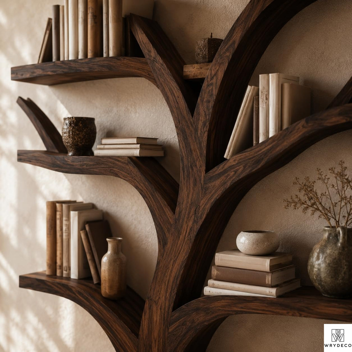 Tree Bookshelf, Large Wood Tree-Shaped Bookcase with Rustic Branch Shelves, Decorative Storage Shelf for Living Room, Bedroom, Office