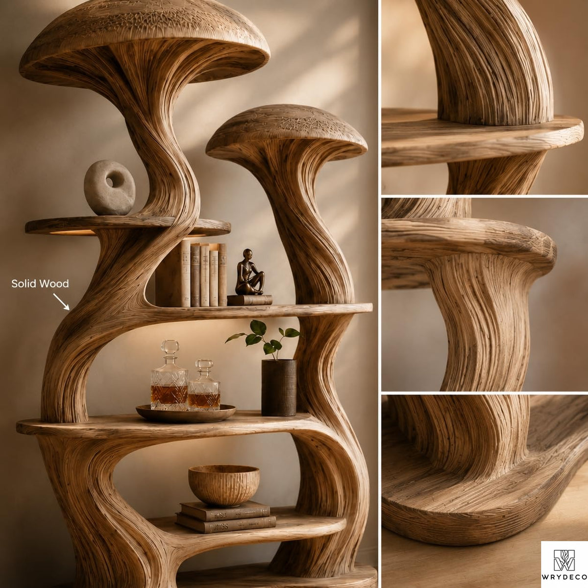 PREAUREUM Mushroom Tree Bookshelf - Nature Inspired Wooden Bookcase