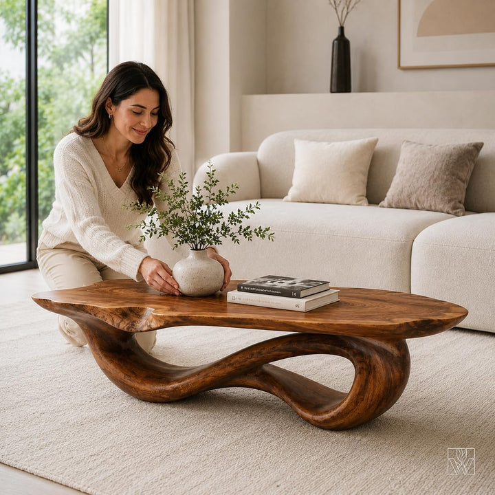 WAZARO Handcrafted Oak Wood Coffee Table - Sculptural Wave Design