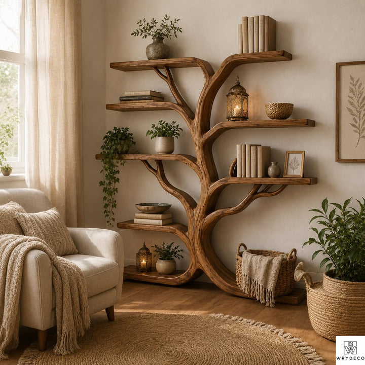 Vintage Tree Branch Bookshelf with Wall-Mounted Design - View 3. Sculptural Tree-Inspired Storage Bring natural warmth and artistic character into your home with a tree branch floor shelf featuring flowing trunk lines, organic supports, and sculptural multi-level storage. 01 Tree Branch Statement Design Flowing trunk lines, organic branch supports, and sculptural shelf placement create a nature-inspired focal point that adds rustic warmth and visual movement to the room. 02 Rich Wood Grain Appearance A r...