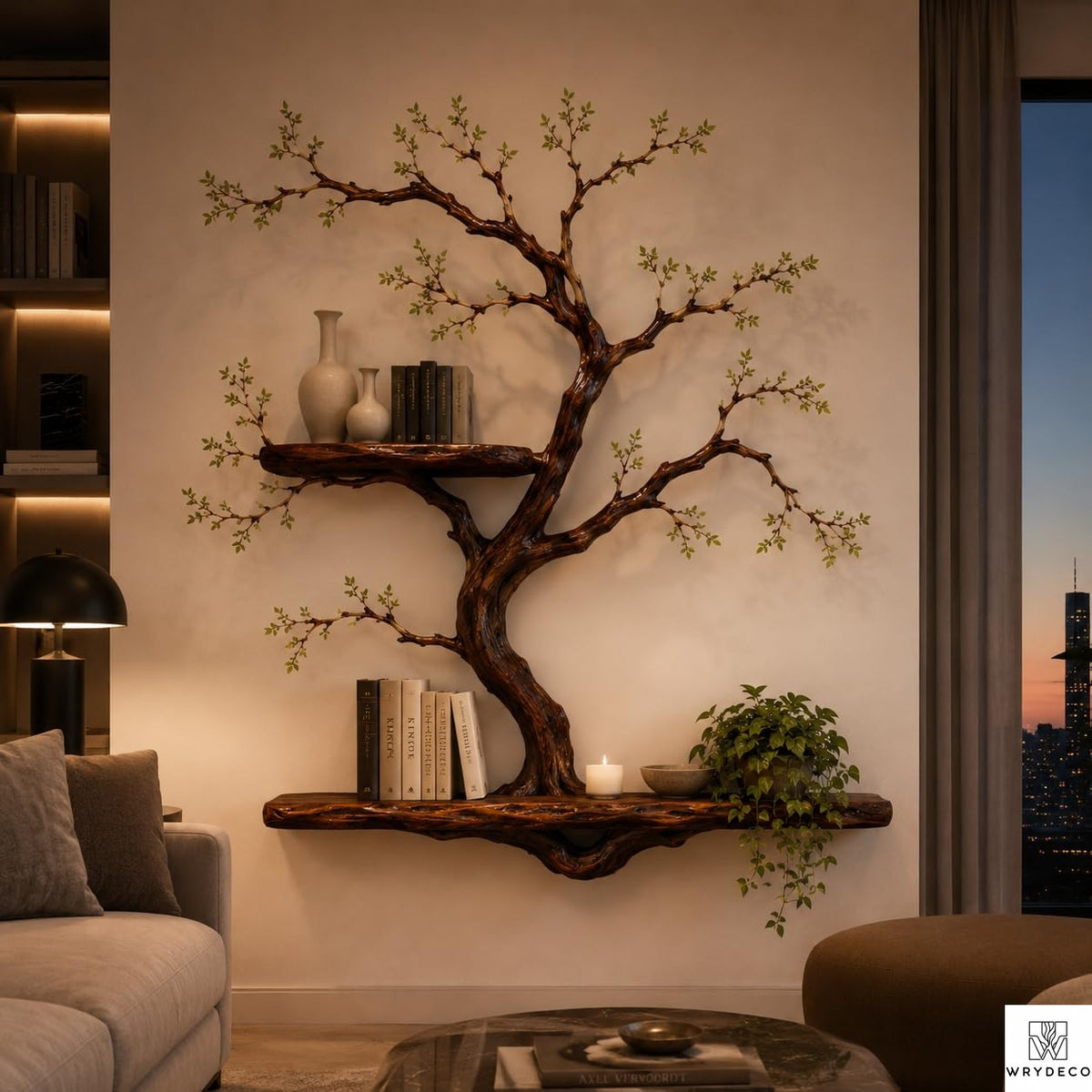 Handcrafted Tree Branch Floating Shelves – Unique Natural Wood Wall Shelf Set, Sculptural Art Display Bookcase for Living Room, Study, Bedroom & Home Library (2 Level Shelves) (C1)