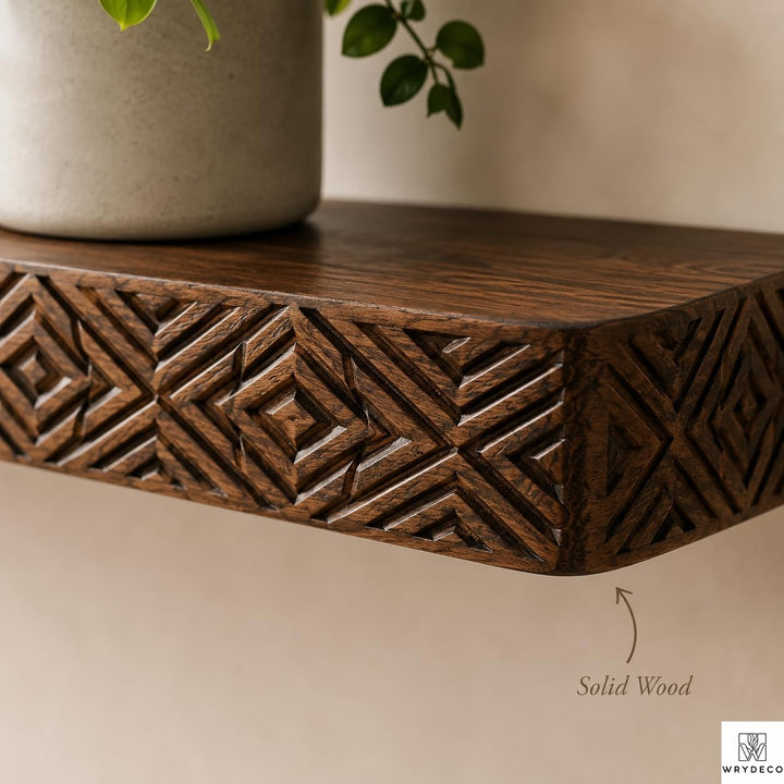 Handmade Fluted Wood Floating Shelf with Scalloped Trim - View 4. Textured Floating Wall Display Add warmth, texture, and practical display space to your wall with a handmade-style floating shelf featuring layered scalloped trim, vertical fluted details, and customizable sizing. 01 Fluted Wood-Inspired Design Layered scalloped trim and vertical fluted detailing give the shelf a warm, dimensional appearance that adds texture and decorative character to the wall. 02 Custom Sizing for Your Space Custom sizi...