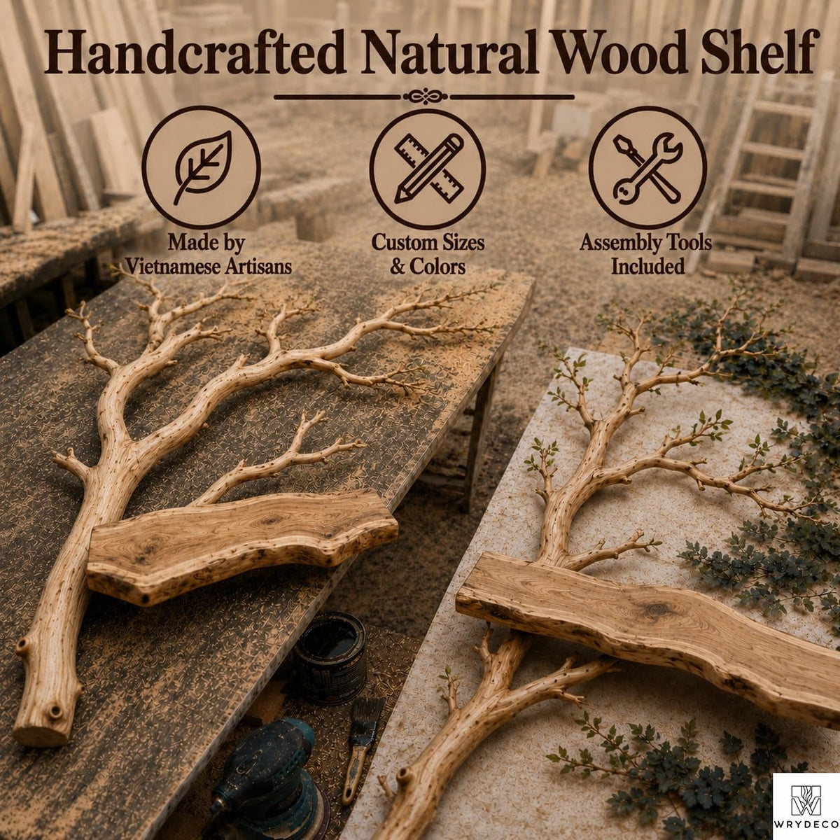 PREAUREUM Handcrafted Tree Branch Floating Wood Wall Shelf (C03)