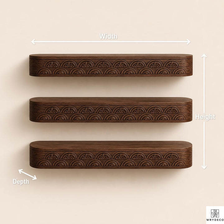 Decorative Floating Wood Shelf with Layered Scalloped Edge - View 6. Textured Floating Wall Display Add warmth, texture, and practical display space to your wall with a handmade-style floating shelf featuring layered scalloped trim, vertical fluted details, and customizable sizing. 01 Fluted Wood-Inspired Design Layered scalloped trim and vertical fluted detailing give the shelf a warm, dimensional appearance that adds texture and decorative character to the wall. 02 Custom Sizing for Your Space Custom s...