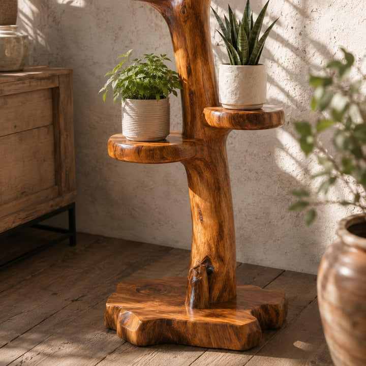 Freestanding wooden tree plant stand indoor multi-tier shelf display main view