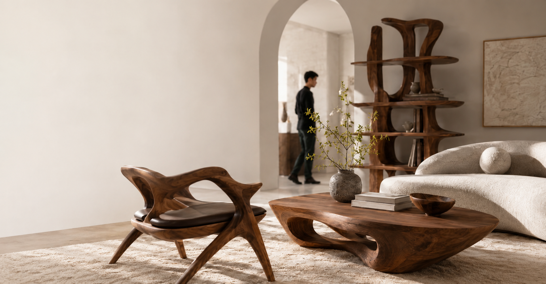 Sculptural solid wood furniture arranged in a warm custom interior