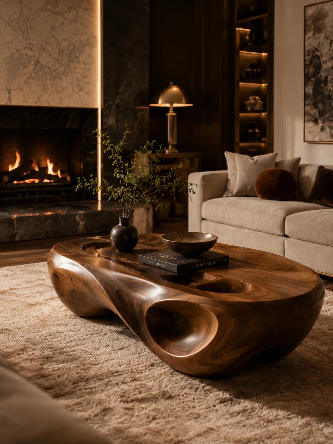 Sculptural wood coffee table in a warmly lit WRYDECO interior