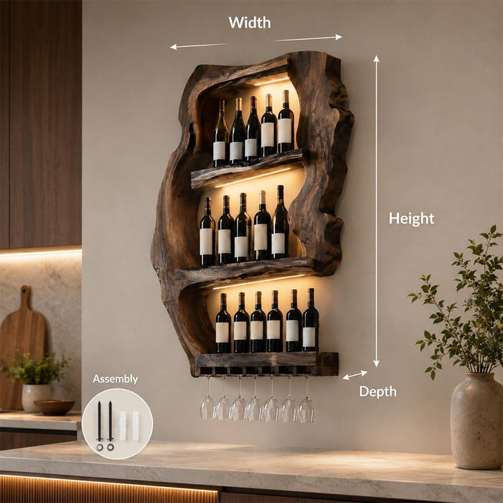 Handcrafted wooden wall wine holder mounted in a modern kitchen lifestyle