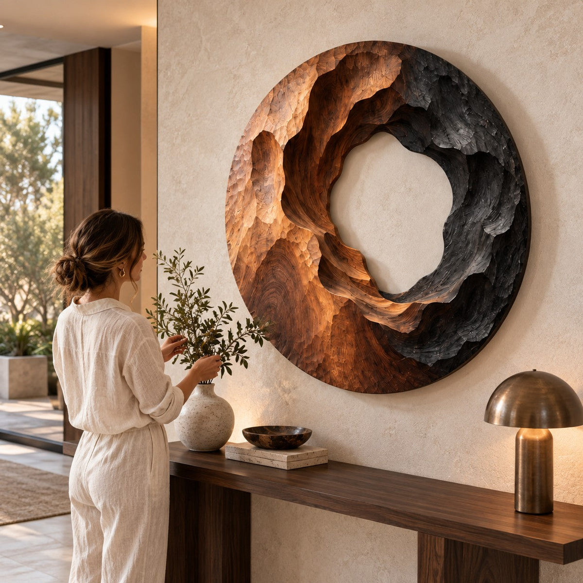 Handcrafted Solid Wood Sculptural Hollow Ring Round Wall Art - View 3