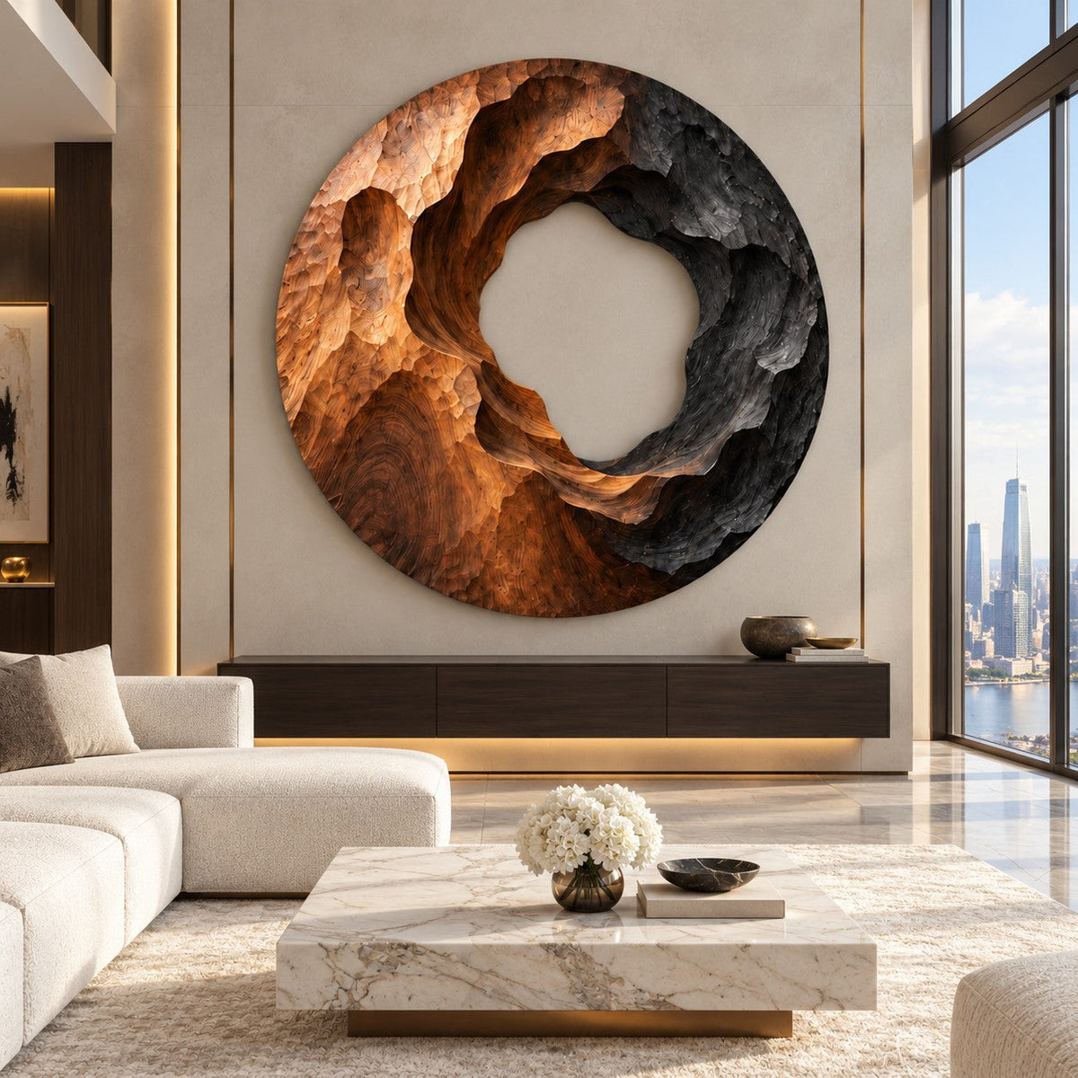 Handcrafted Solid Wood Sculptural Hollow Ring Round Wall Art - View 8