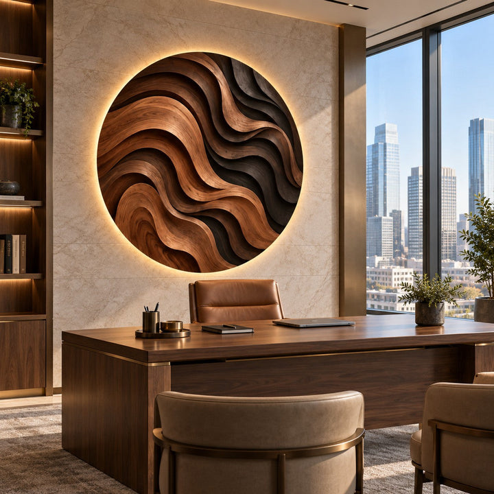 Handcrafted Solid Wood Parametric Wave Round Wall Art - View 2