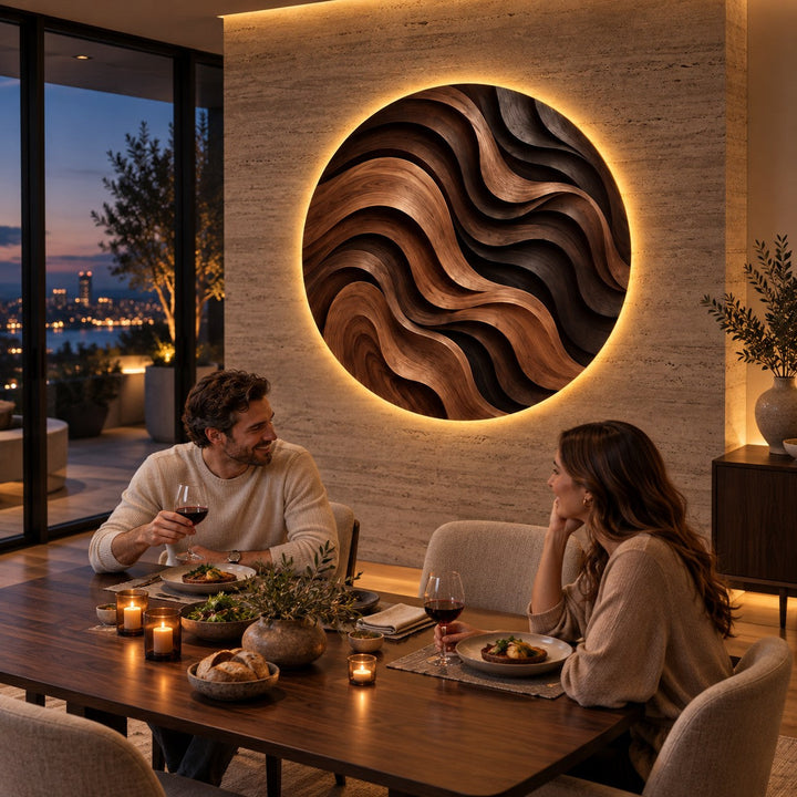Handcrafted Solid Wood Parametric Wave Round Wall Art - View 3