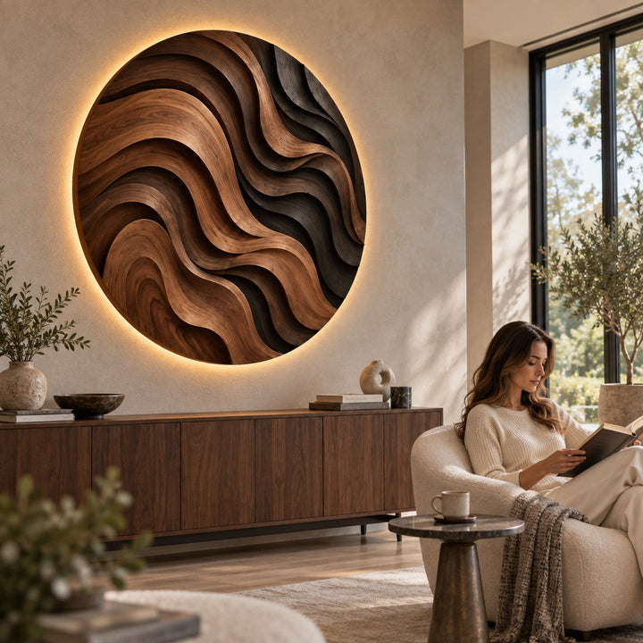 Handcrafted Solid Wood Parametric Wave Round Wall Art - View 4
