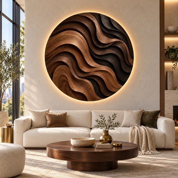 Handcrafted Solid Wood Parametric Wave Round Wall Art - View 7