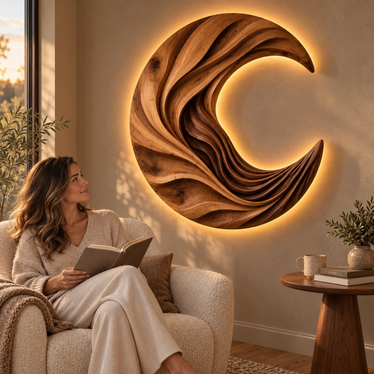 Handcrafted Solid Wood Crescent Moon Sculptural Round Wall Art - View 1