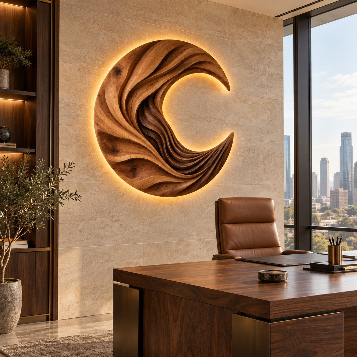 Handcrafted Solid Wood Crescent Moon Sculptural Round Wall Art - View 3