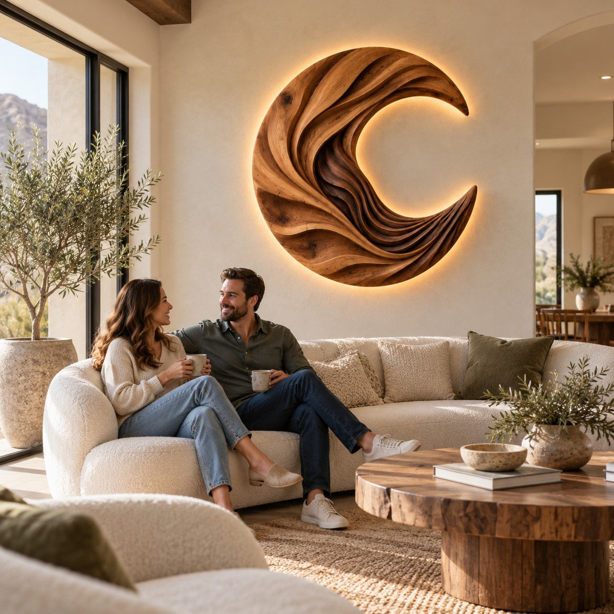 Handcrafted Solid Wood Crescent Moon Sculptural Round Wall Art - View 4