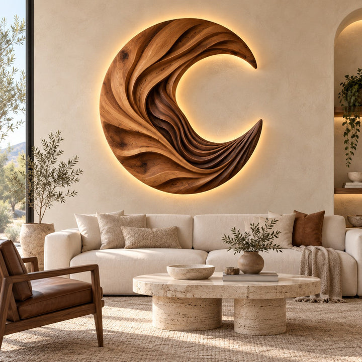 Handcrafted Solid Wood Crescent Moon Sculptural Round Wall Art - View 7