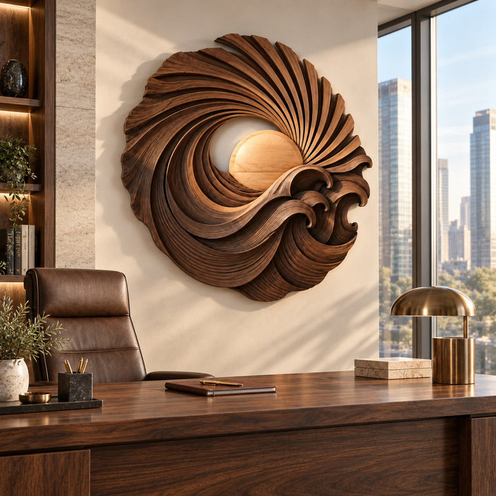 Handcrafted Solid Wood Sunburst Wave Vortex Round Wall Art - View 2