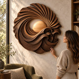 Handcrafted Solid Wood Sunburst Wave Vortex Round Wall Art - View 3