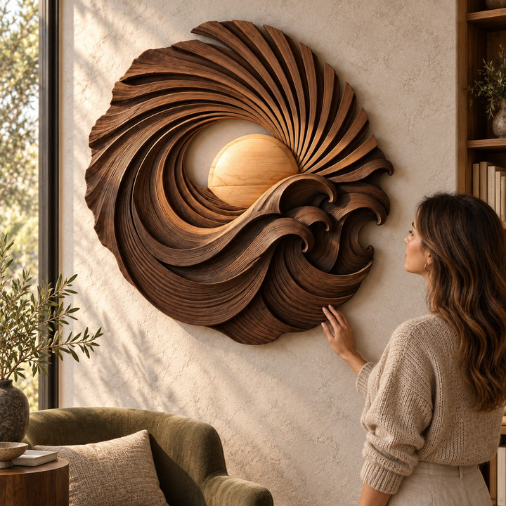 Handcrafted Solid Wood Sunburst Wave Vortex Round Wall Art - View 3