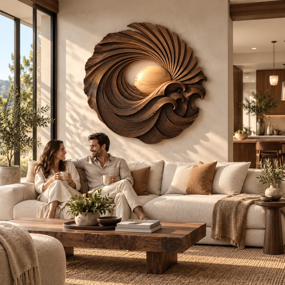 Handcrafted Solid Wood Sunburst Wave Vortex Round Wall Art - View 4