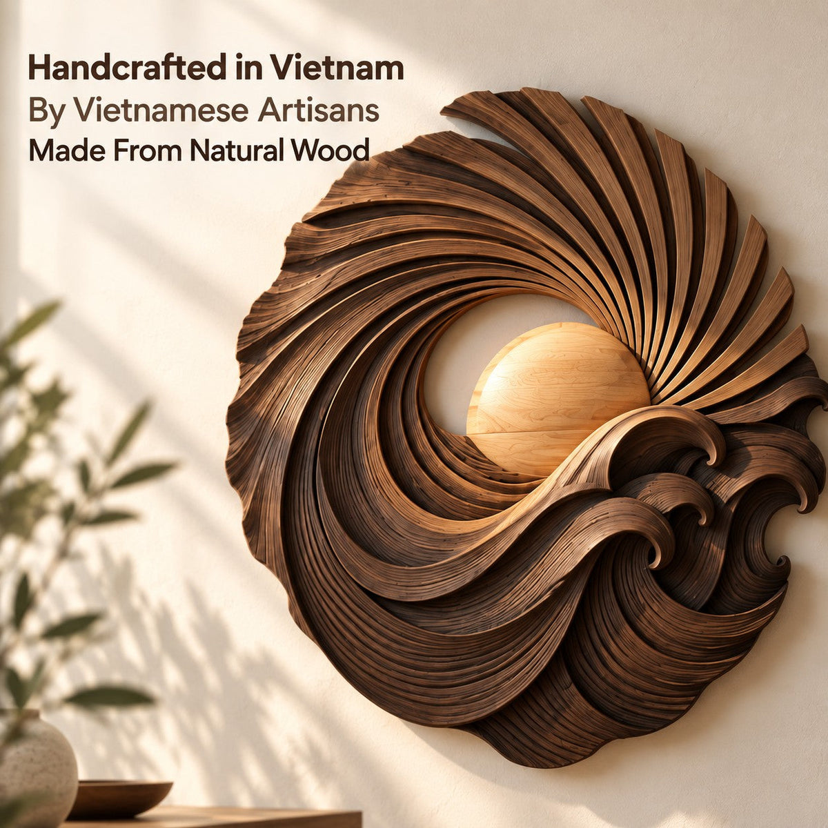 Handcrafted Solid Wood Sunburst Wave Vortex Round Wall Art - View 6