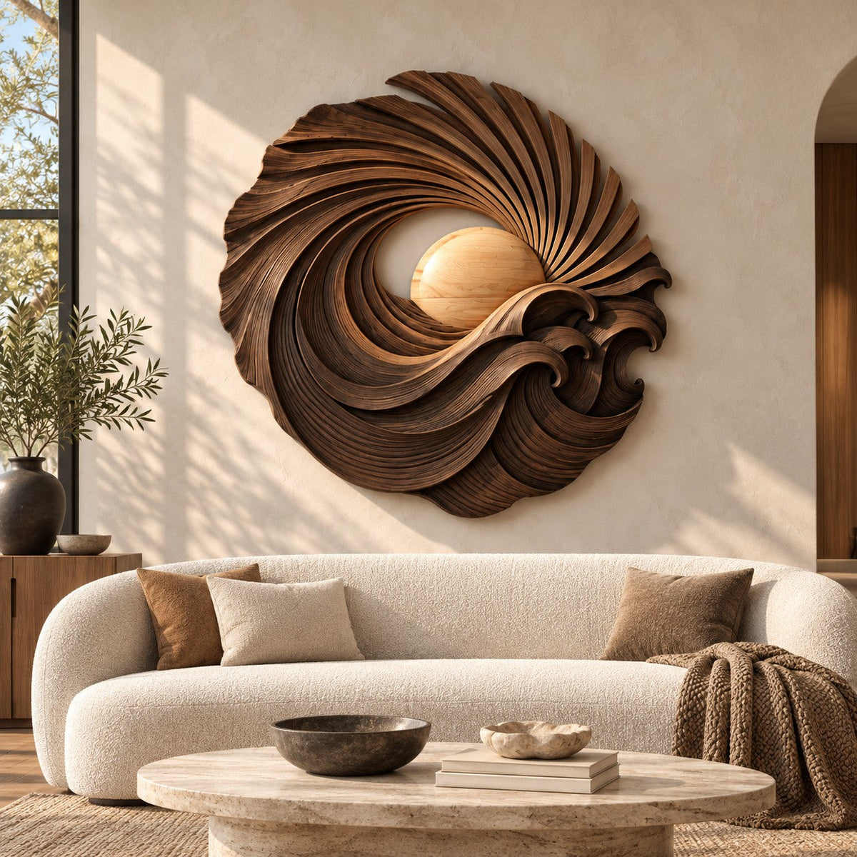 Handcrafted Solid Wood Sunburst Wave Vortex Round Wall Art - View 7