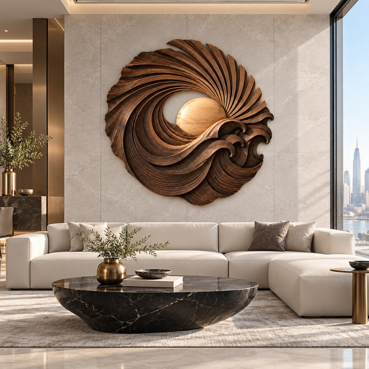 Handcrafted Solid Wood Sunburst Wave Vortex Round Wall Art - View 8