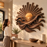 Handcrafted Solid Wood Rising Sun Horizon Round Wall Art - View 4