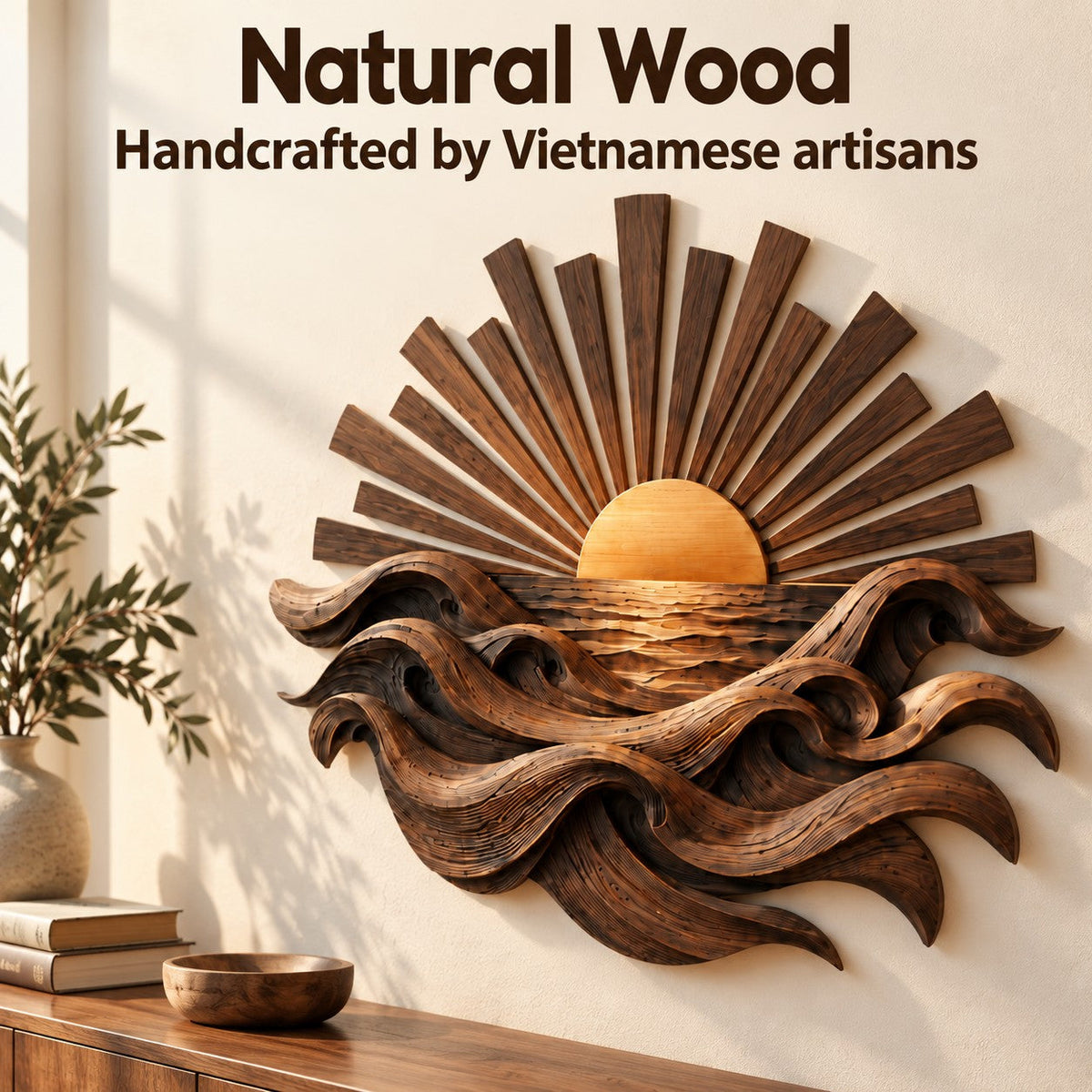 Handcrafted Solid Wood Rising Sun Horizon Round Wall Art - View 6