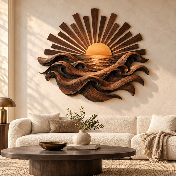 Handcrafted Solid Wood Rising Sun Horizon Round Wall Art - View 7