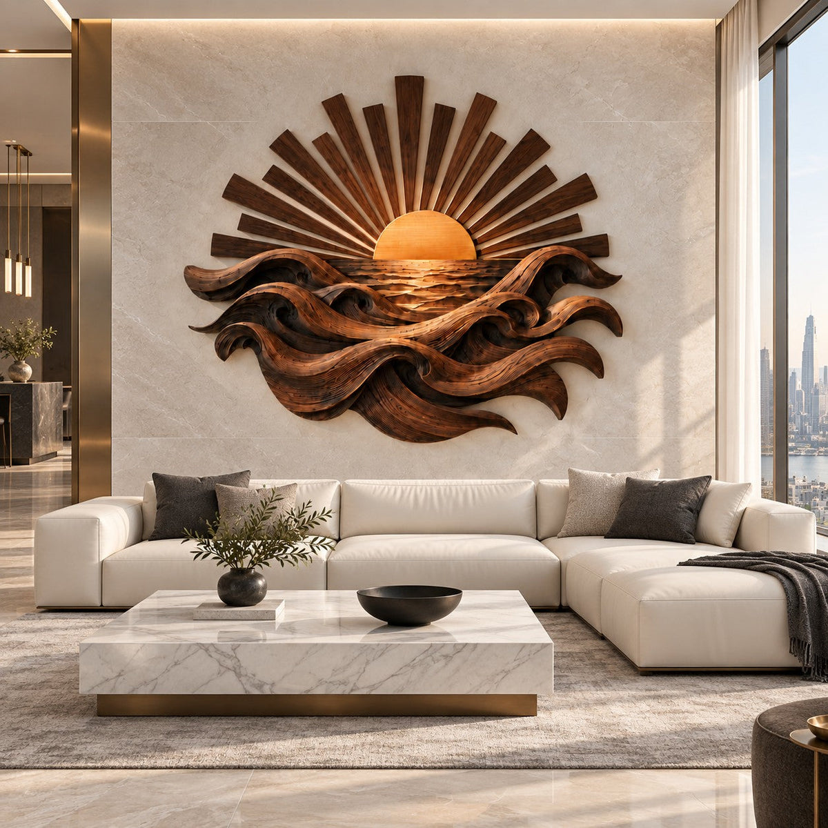 Handcrafted Solid Wood Rising Sun Horizon Round Wall Art - View 8
