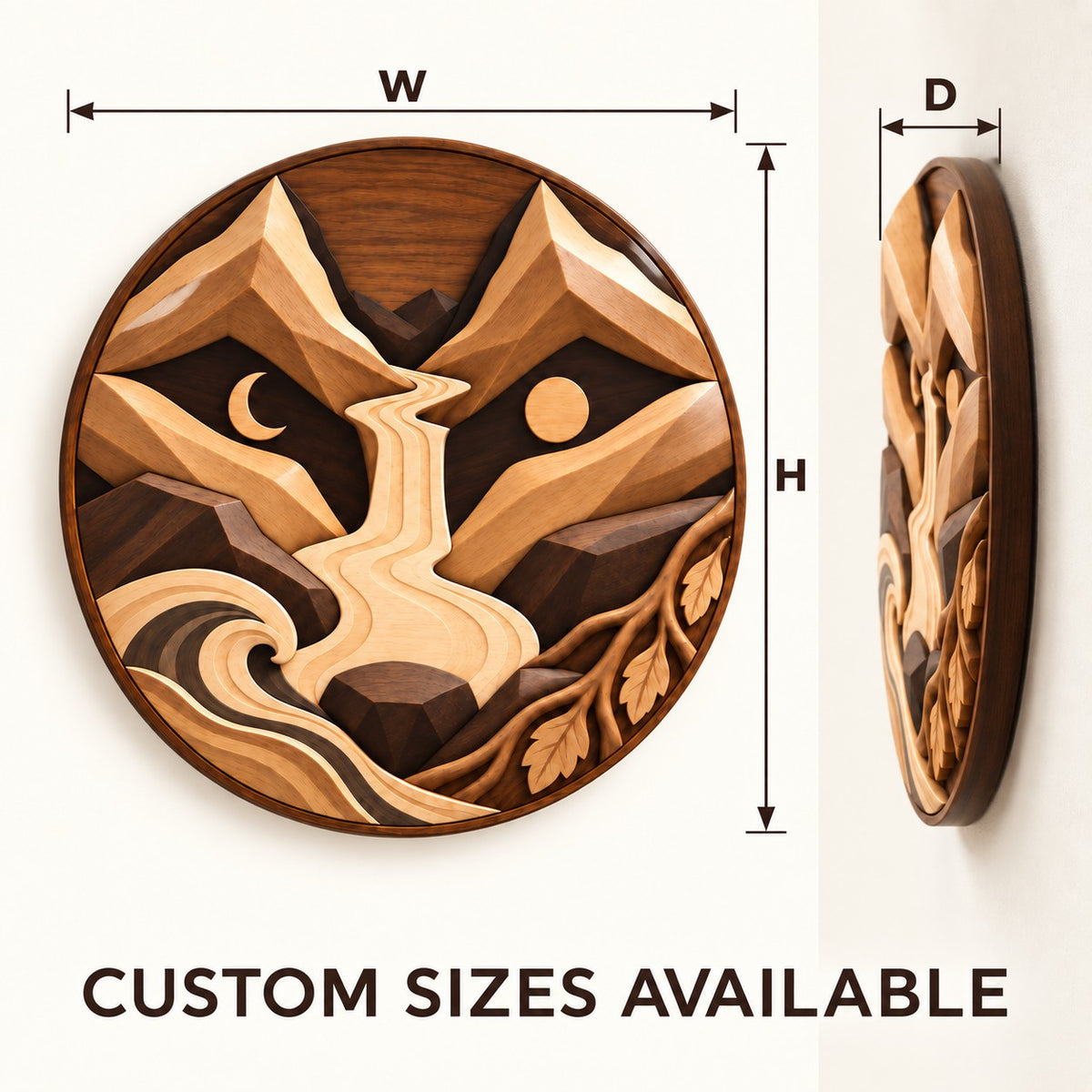 Handcrafted Solid Wood Layered Mountain Round Wall Art - View 1