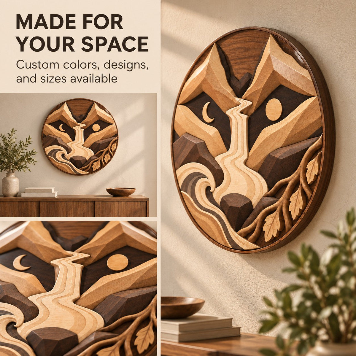 Handcrafted Solid Wood Layered Mountain Round Wall Art - View 6