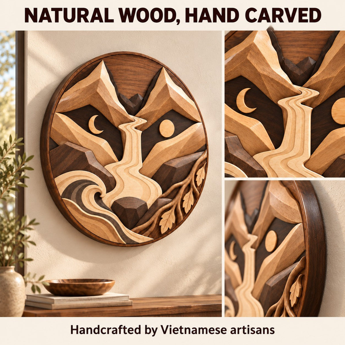 Handcrafted Solid Wood Layered Mountain Round Wall Art - View 7