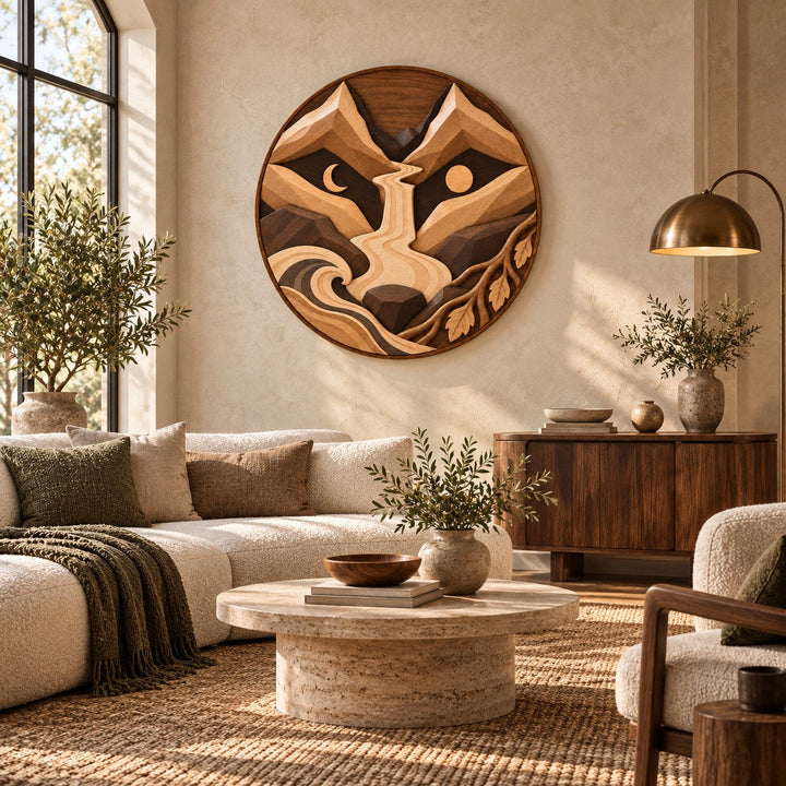 Handcrafted Solid Wood Layered Mountain Round Wall Art - View 8