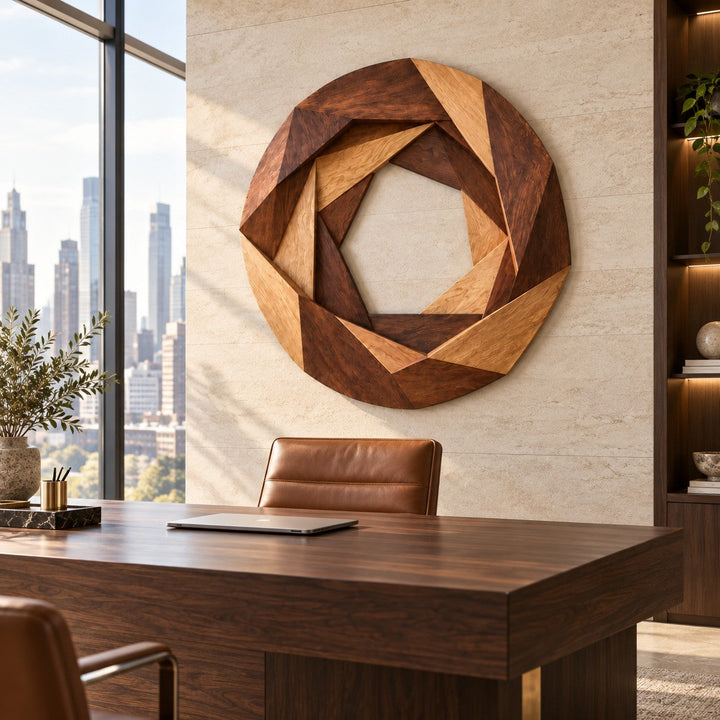 Handcrafted Solid Wood Layered Mountain Round Wall Art - View 9