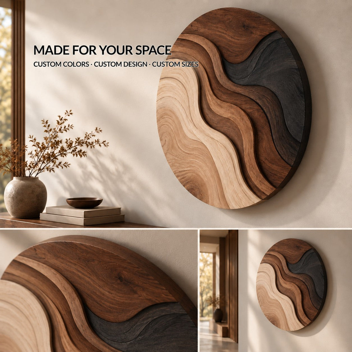 Handcrafted Solid Wood Topographic Dune Strata Round Wall Art - View 2