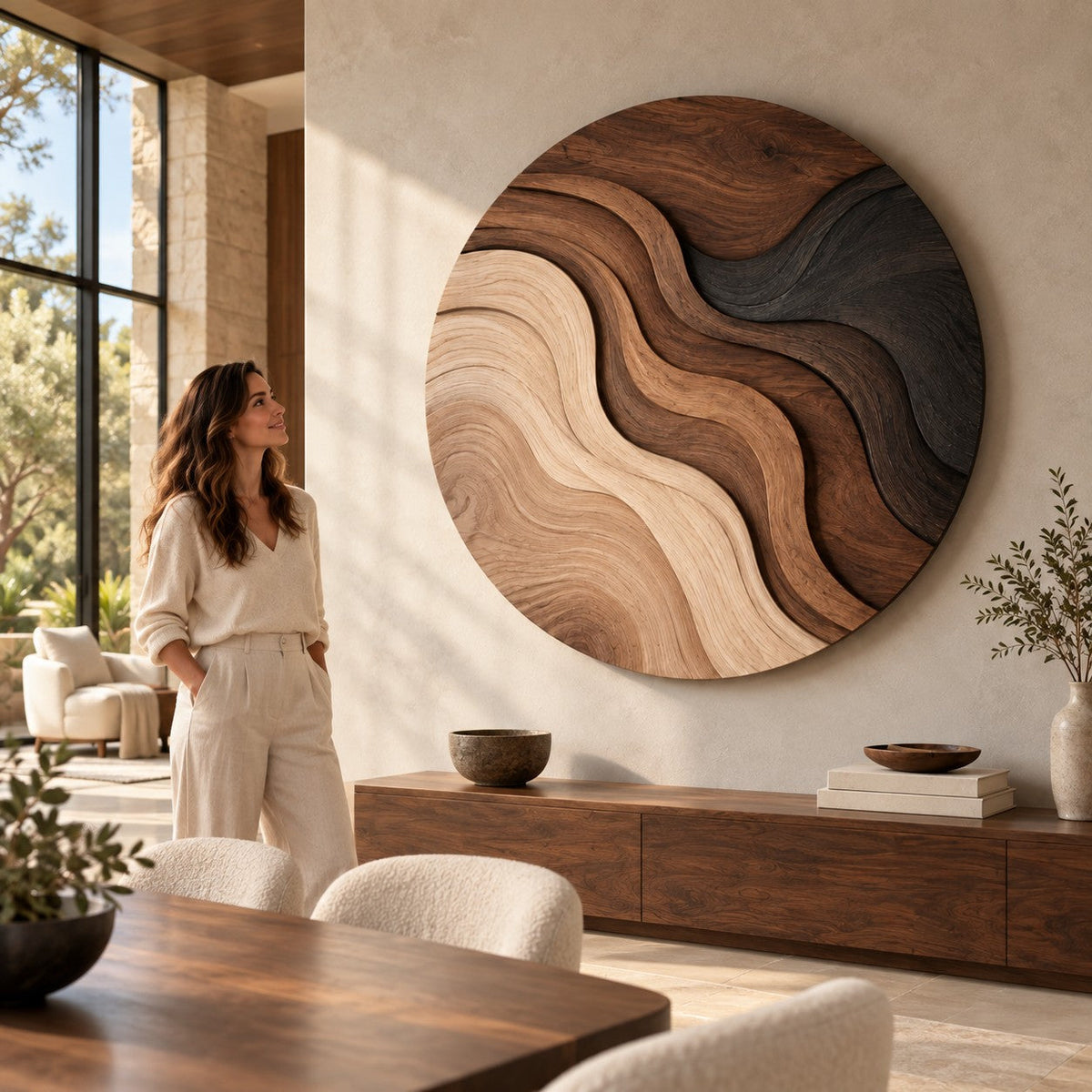 Handcrafted Solid Wood Topographic Dune Strata Round Wall Art - View 6