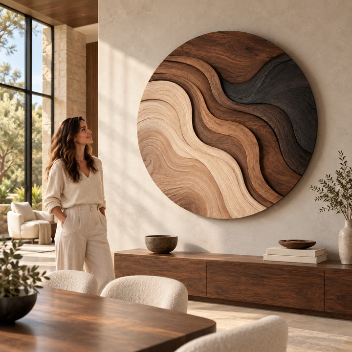 Handcrafted Solid Wood Topographic Dune Strata Round Wall Art - View 6