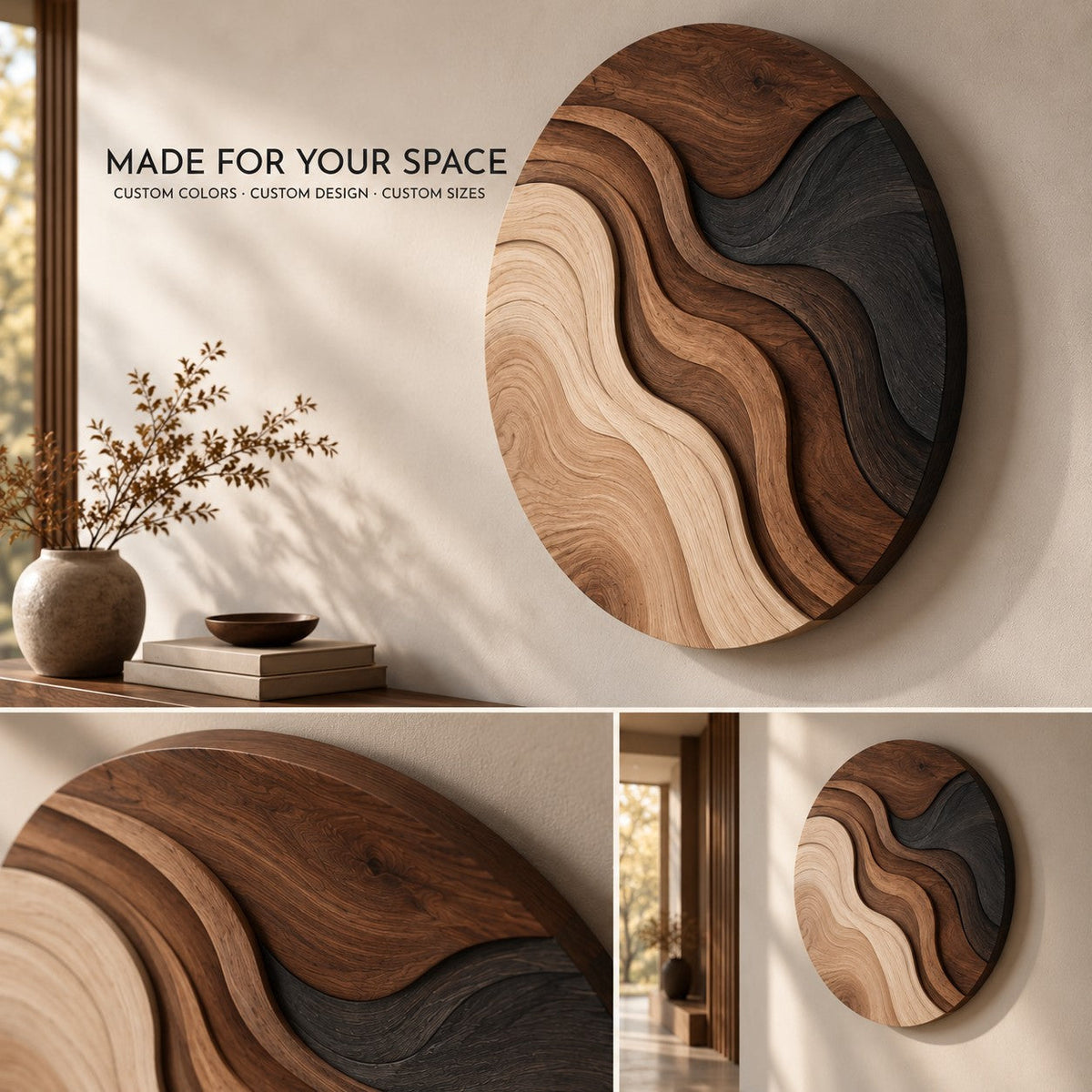 Handcrafted Solid Wood Topographic Dune Strata Round Wall Art - View 7