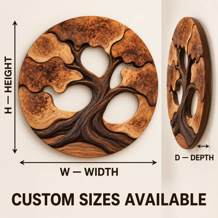 Handcrafted Solid Wood Tree of Life Bonsai Round Wall Art - View 1