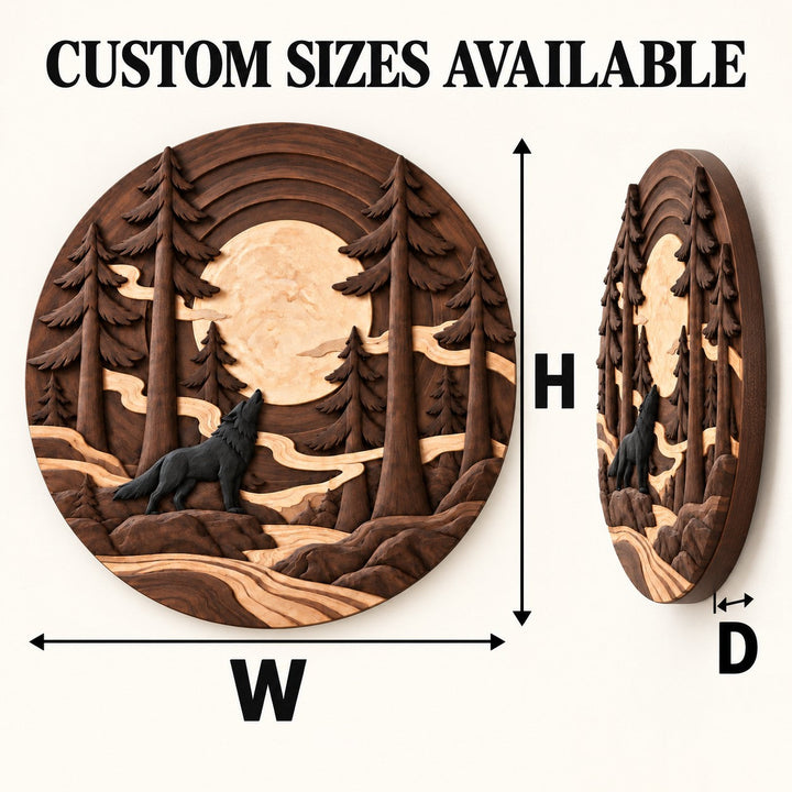 Handcrafted Solid Wood Howling Wolf Pine Round Wall Art - View 1