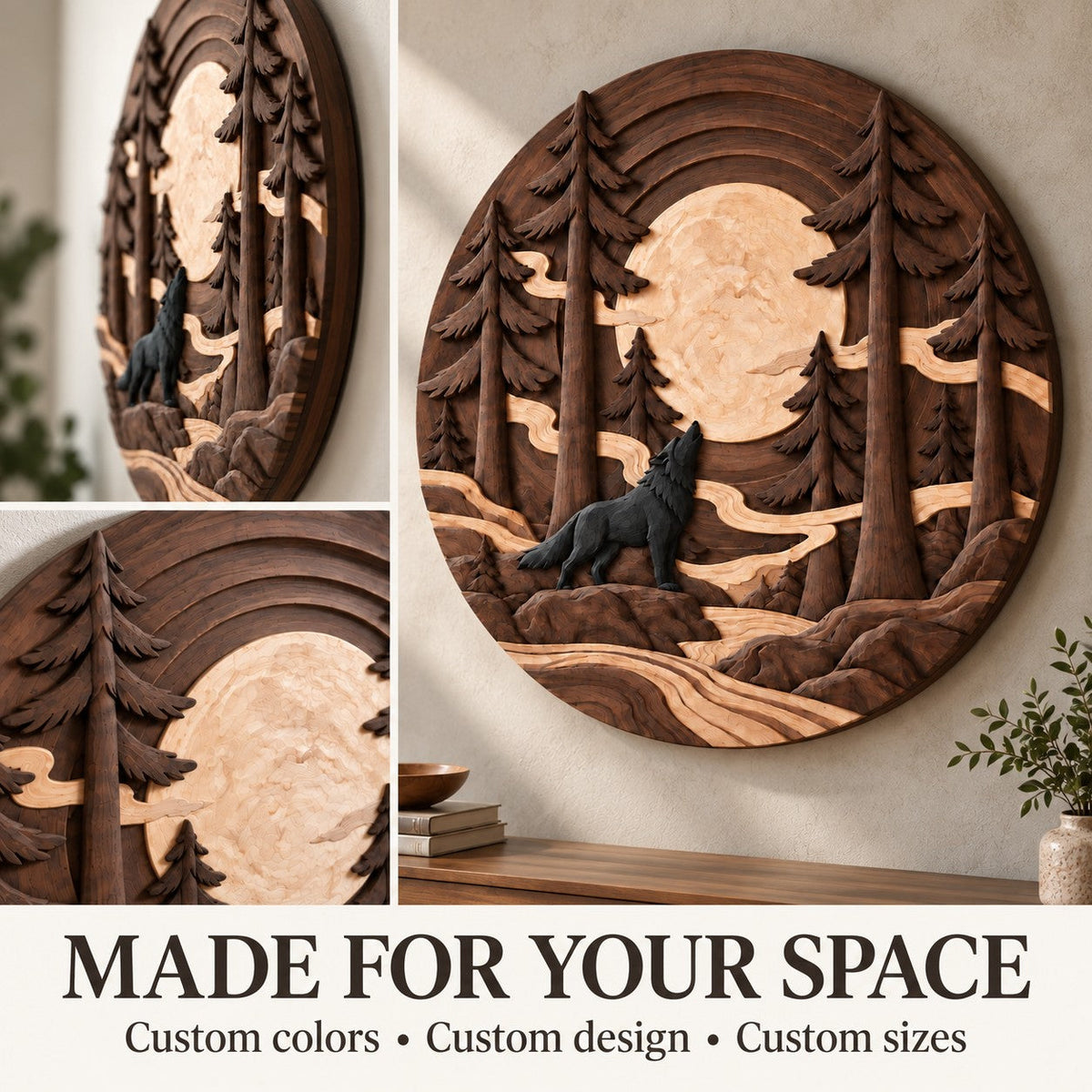 Handcrafted Solid Wood Howling Wolf Pine Round Wall Art - View 5