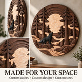 Handcrafted Solid Wood Howling Wolf Pine Round Wall Art - View 5