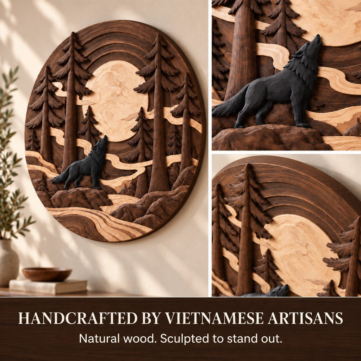 Handcrafted Solid Wood Howling Wolf Pine Round Wall Art - View 6
