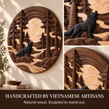 Handcrafted Solid Wood Howling Wolf Pine Round Wall Art - View 6